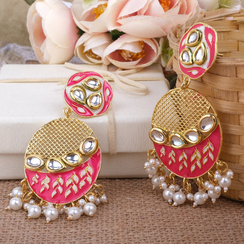 Beautiful Kundan Earings with Golden Net and Pearl Drops