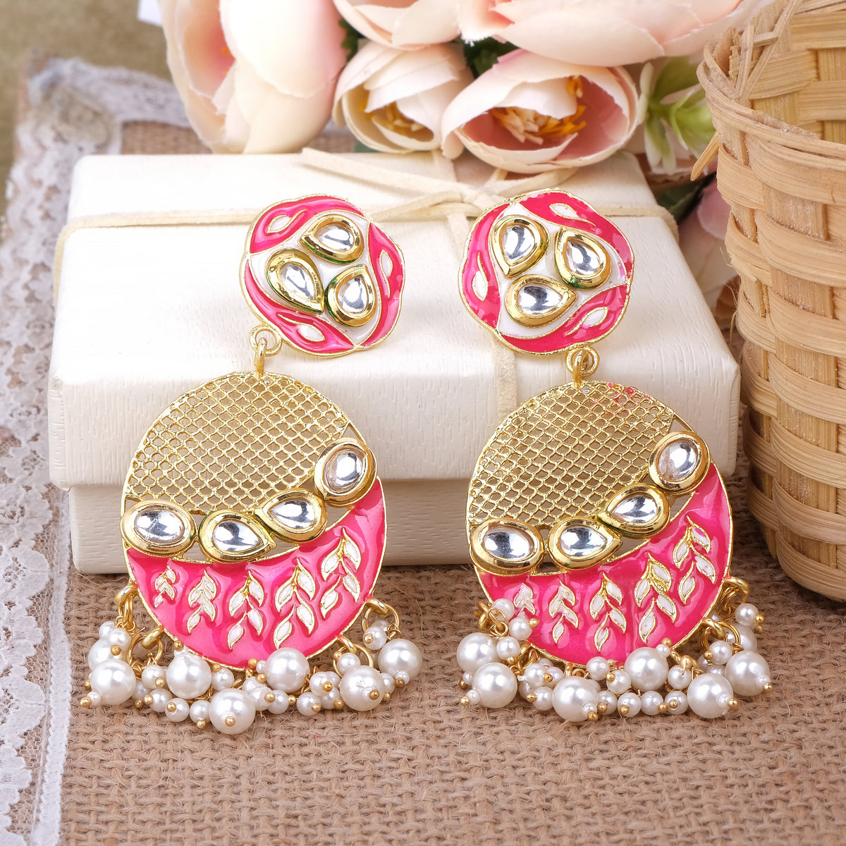 Beautiful Kundan Earings with Golden Net and Pearl Drops