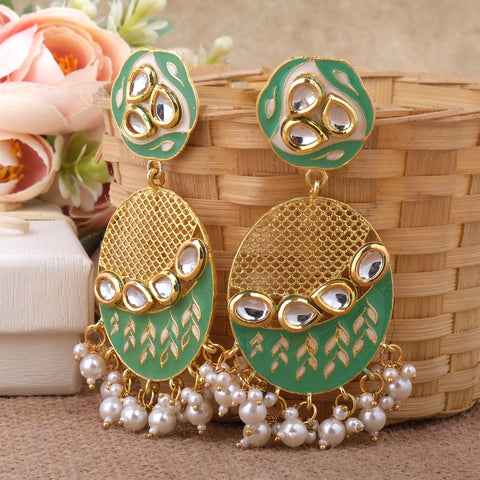 Beautiful Kundan Earings with Golden Net and Pearl Drops