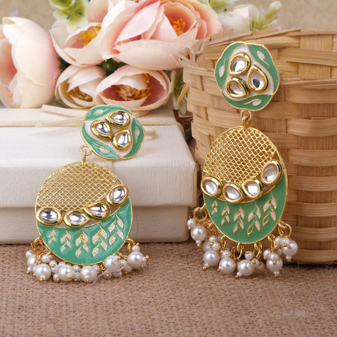 Beautiful Kundan Earings with Golden Net and Pearl Drops