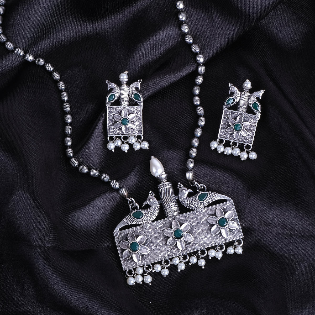 Silver Oxidised Stylish Peacock Necklace Mala Set