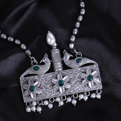 Silver Oxidised Stylish Peacock Necklace Mala Set