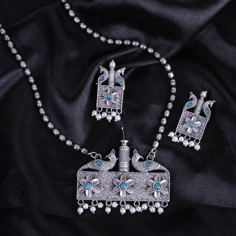 Silver Oxidised Stylish Peacock Necklace Mala Set