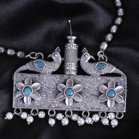 Silver Oxidised Stylish Peacock Necklace Mala Set