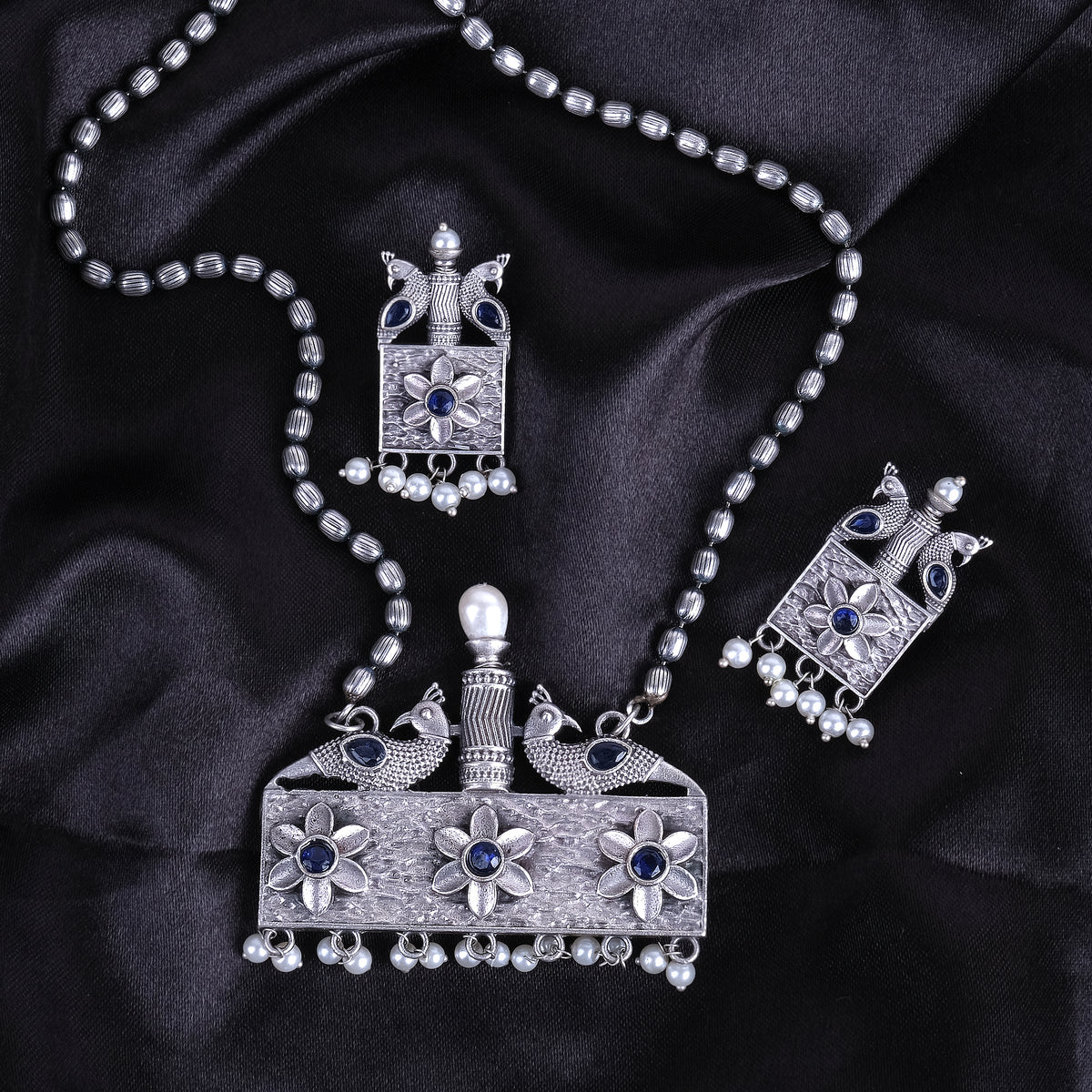 Silver Oxidised Stylish Peacock Necklace Mala Set