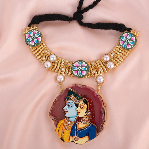 Radha Krishna Pachi Necklace set (hand painted)