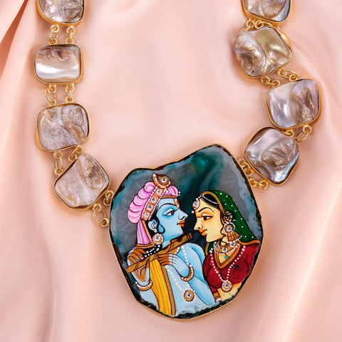 Radha Krishna Pachi Necklace set (hand painted)