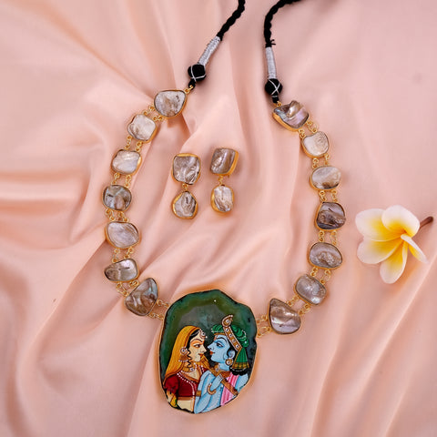 Radha Krishna Pachi Necklace set (hand painted)