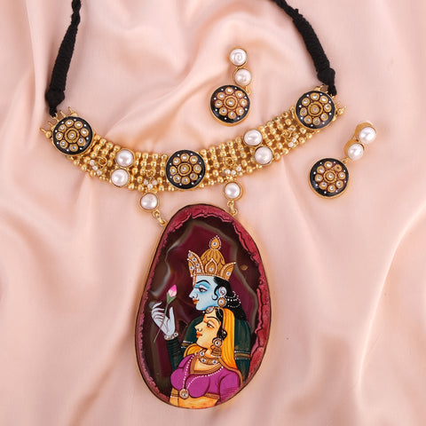 Radha Krishna Pachi Necklace set (hand painted)