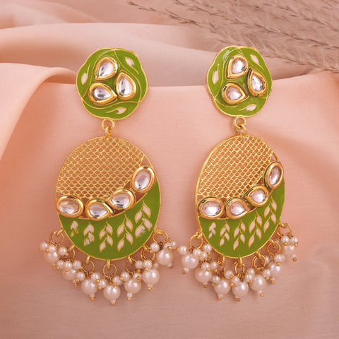 Beautiful Kundan Earings with Golden Net and Pearl Drops