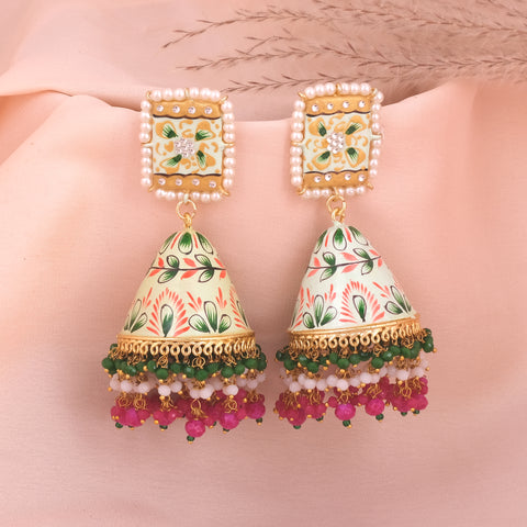 Hand Painted Big Size Meenakari Cone Shape Jhumka with heavy work