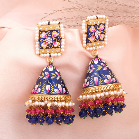 Hand Painted Big Size Meenakari Cone Shape Jhumka with heavy work