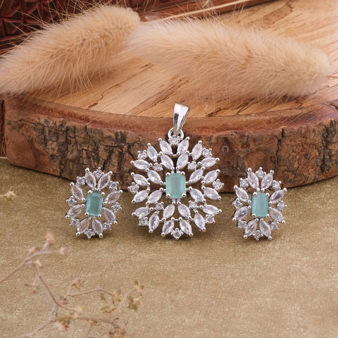 Two Tone Finish Floral Design Cubic Zirconia Studded Pendant & Earring Set