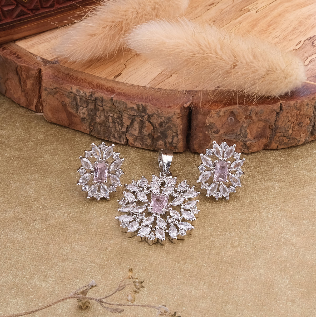 Two Tone Finish Floral Design Cubic Zirconia Studded Pendant & Earring Set